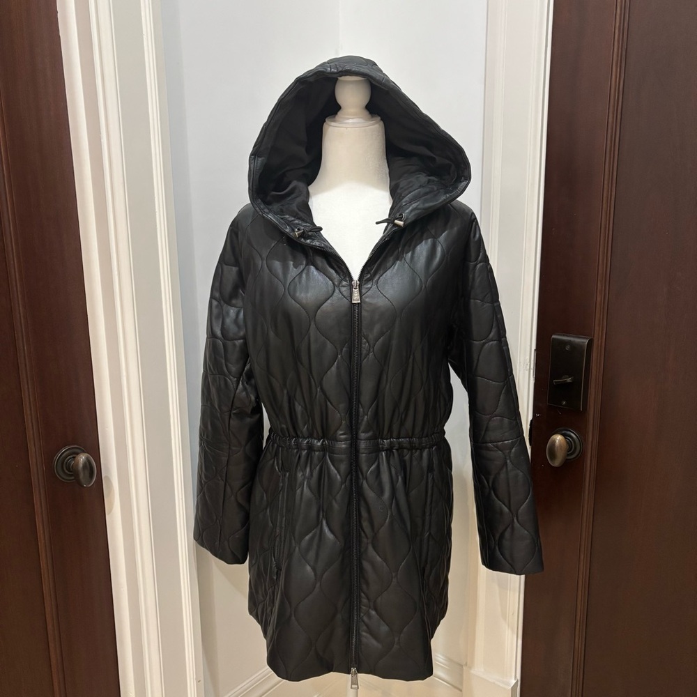 Leather Coat by SIMORRA of Spain Black Quilted leather Like New Size 10